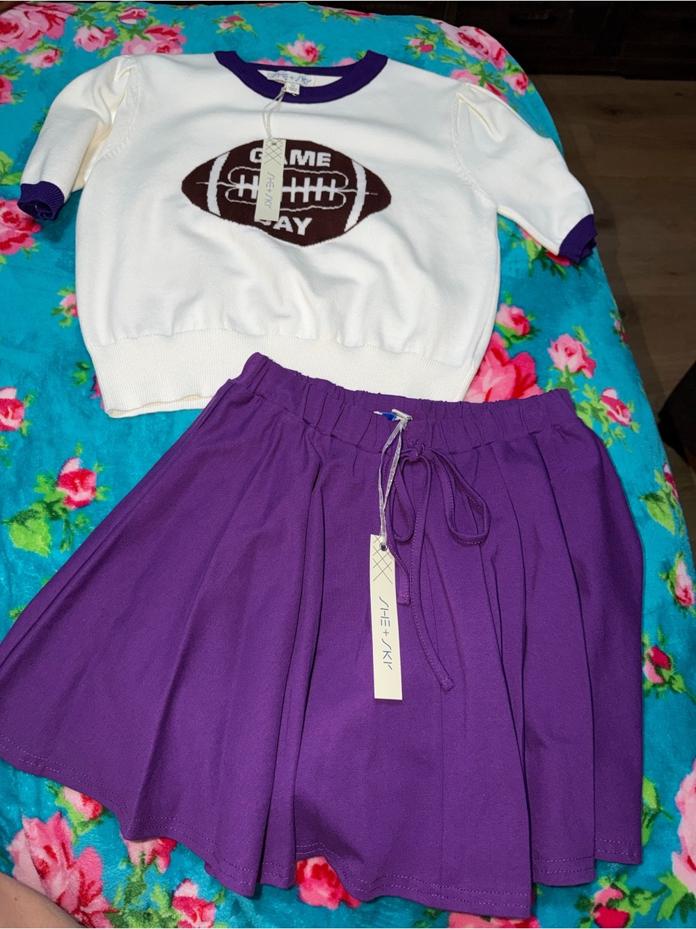She + Sky White and purple sweater and skort sets Game Day